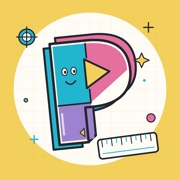 A playful letter P made of pink, turquoise and purple shapes